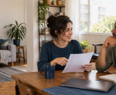 Duas pessoas conversam à mesa de um apartamento compartilhado para avaliar se combinam como colegas de casa