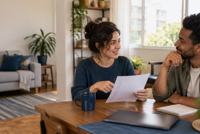 Duas pessoas conversam à mesa de um apartamento compartilhado para avaliar se combinam como colegas de casa