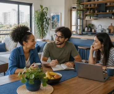 Jovens adultos conversam na sala de um apartamento compartilhado, representando o coliving no Brasil