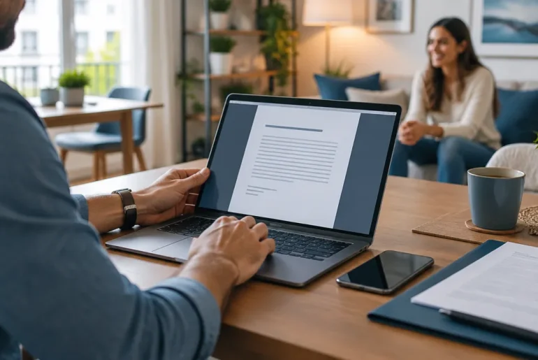 Pessoa revisando documentos digitais de locação em um notebook dentro de um apartamento compartilhado